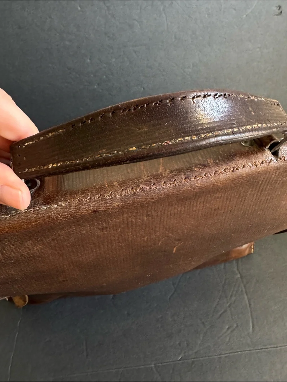 Vintage 1940s Briefcase French Attaché Case Dark Brown Ribbed Distressed Leather